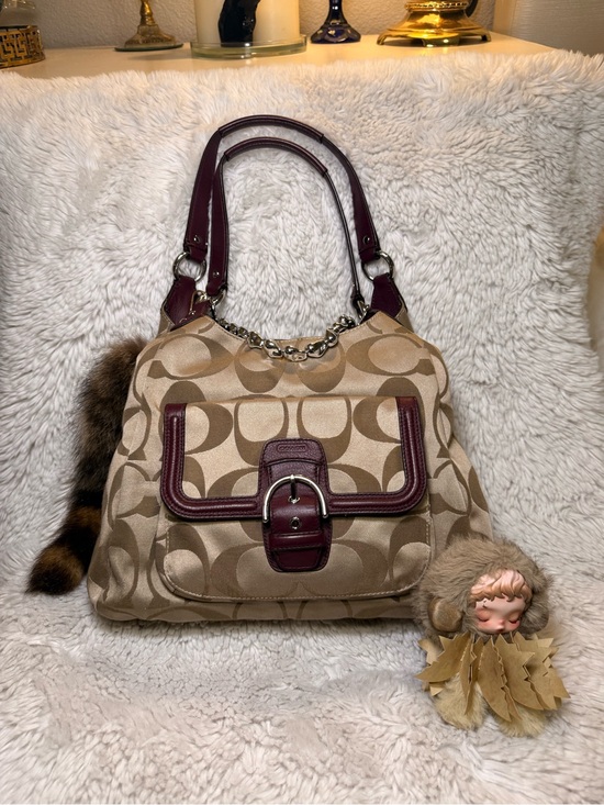 Coach Handbags - Authentic vintage Coach Signature Canvas Shoulder Bag with Wine Leather Trim